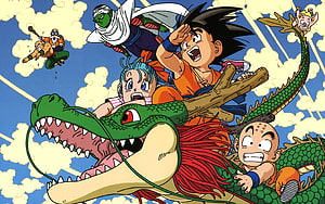 Dragon Ball characters riding a green dragon through a bright blue sky with clouds HD wallpaper