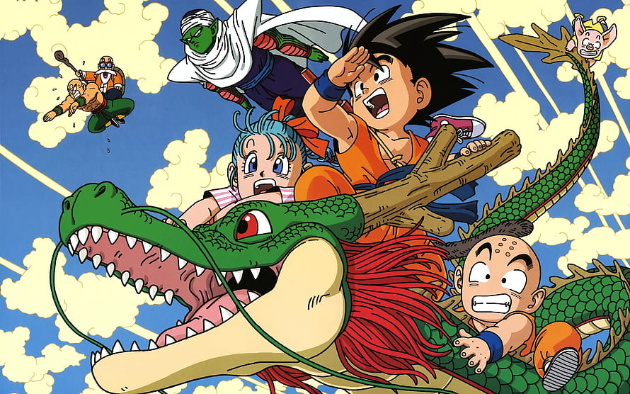 Dragon Ball characters riding a green dragon through a bright blue sky with clouds HD wallpaper