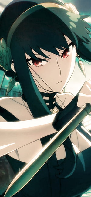 Yor Forger from Spy x Family in a dramatic close-up holding a sword with intense red eyes HD phone wallpaper