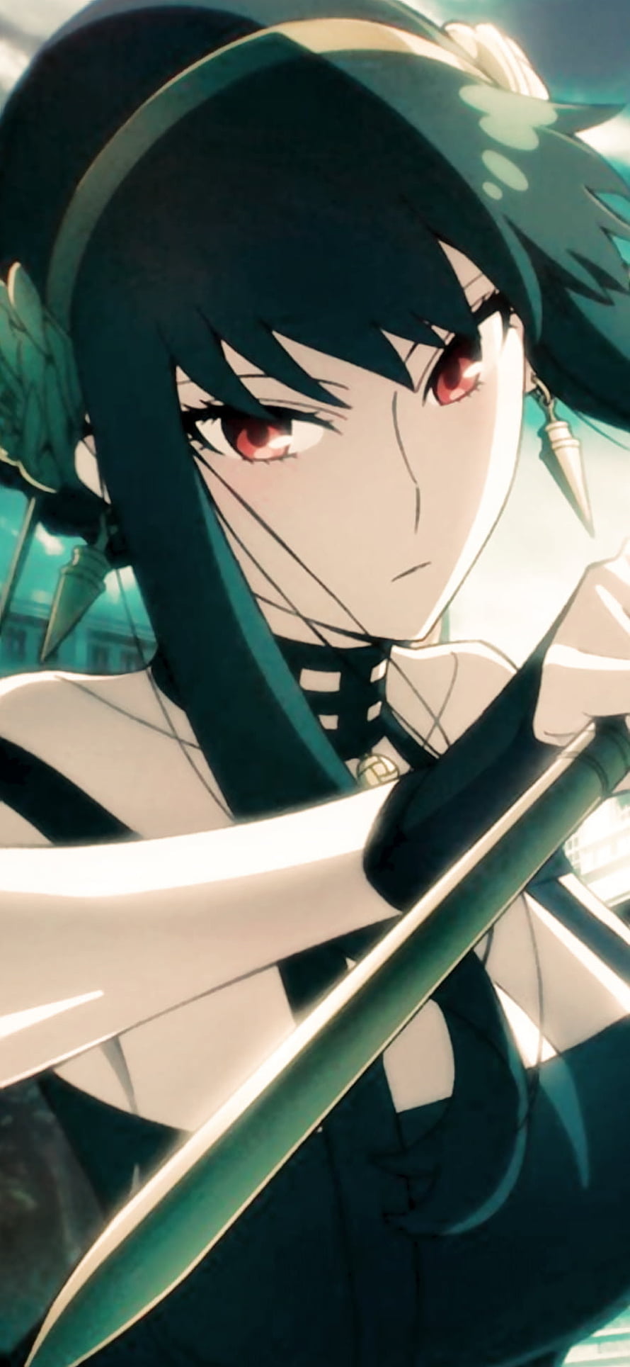 Yor Forger from Spy x Family in a dramatic close-up holding a sword with intense red eyes HD phone wallpaper