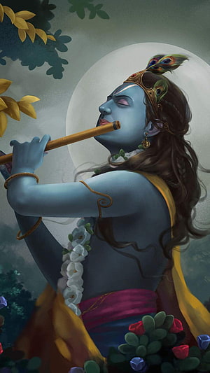 Krishna Playing Flute Under Full Moon with Peacock Crown and Floral Garland HD phone wallpaper