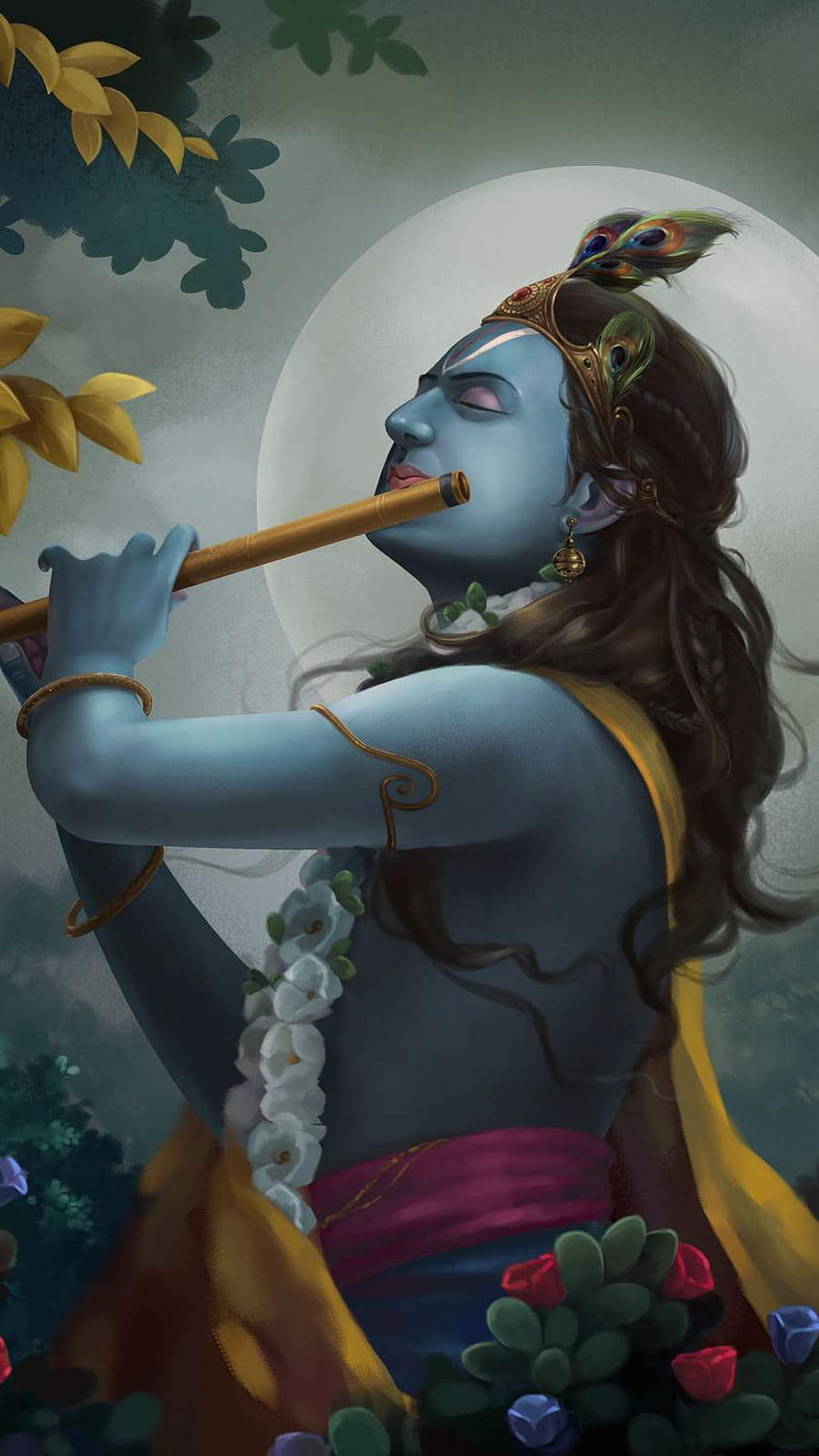 Krishna Playing Flute Under Full Moon with Peacock Crown and Floral Garland HD phone wallpaper
