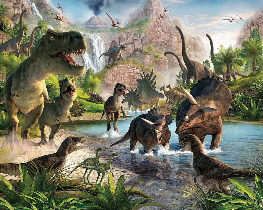 Realistic Prehistoric Dinosaur Herd Crossing River in Lush Jurassic Valley HD wallpaper