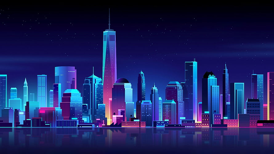 Neon Synthwave New York City Skyline with One World Trade Center at Night HD wallpaper