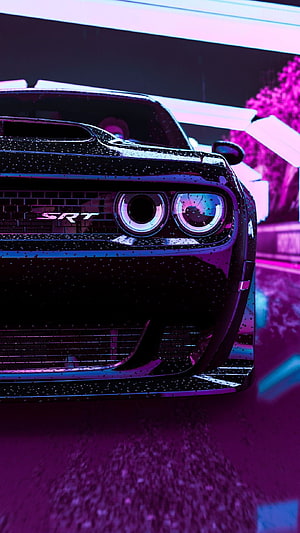Dodge Challenger SRT Front Grille and Headlights in Neon Purple and Blue Lighting HD phone wallpaper