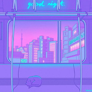 Pastel Lofi Illustration of a Sleeping Cat on a Train with a Neon Tokyo Cityscape HD phone wallpaper