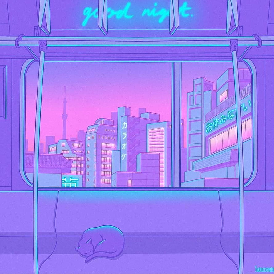 Pastel Lofi Illustration of a Sleeping Cat on a Train with a Neon Tokyo Cityscape HD phone wallpaper