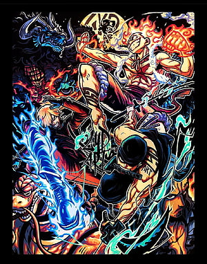 One Piece Anime Artwork Featuring Luffy, Zoro, and Kaido in Dynamic Combat HD phone wallpaper