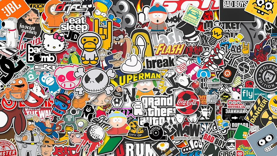 Dense Doodle Art Sticker Collage Featuring Pop Culture Icons and Cartoon Characters HD wallpaper