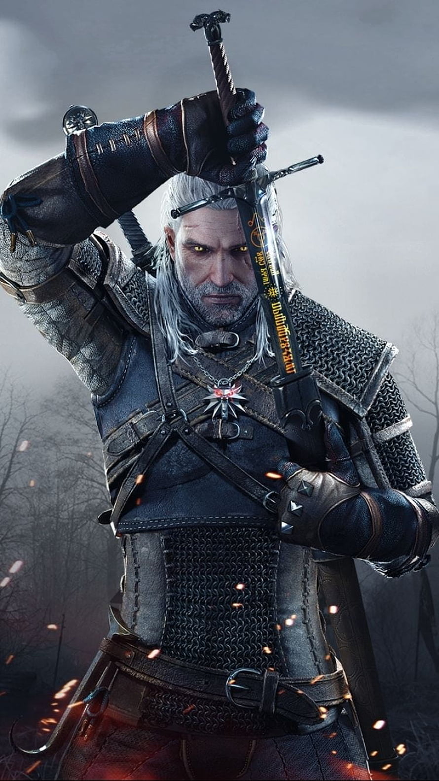 Geralt of Rivia from The Witcher 3 Wild Hunt holding a sword in dark armor HD phone wallpaper