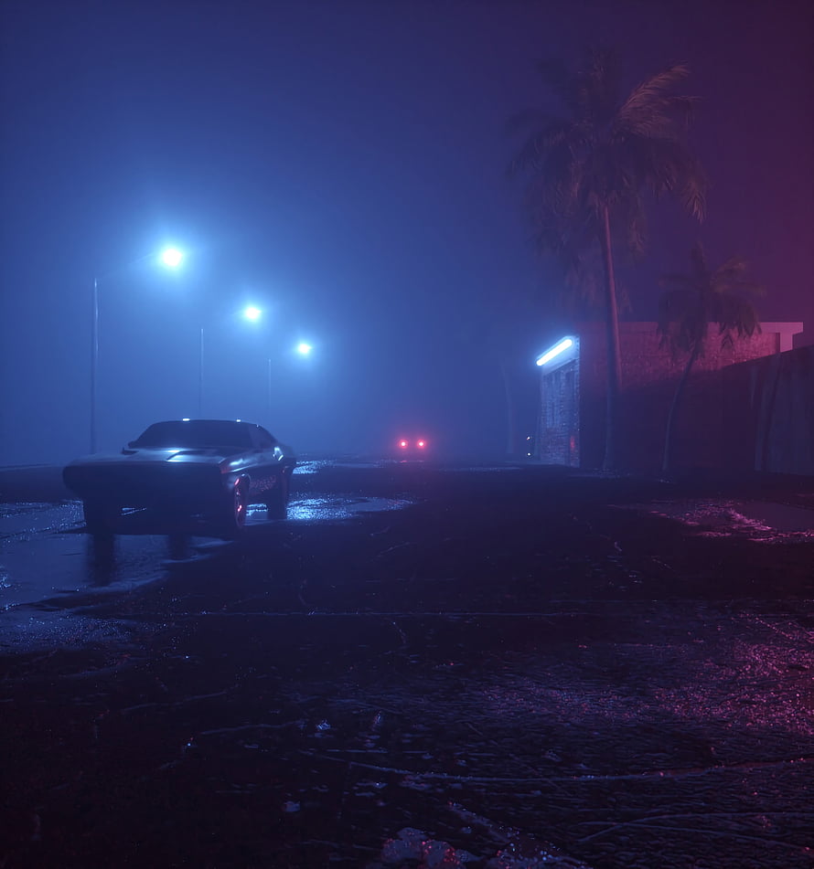 Cyberpunk Night Street with Sports Car, Neon Glow, and Foggy Palm Trees HD phone wallpaper