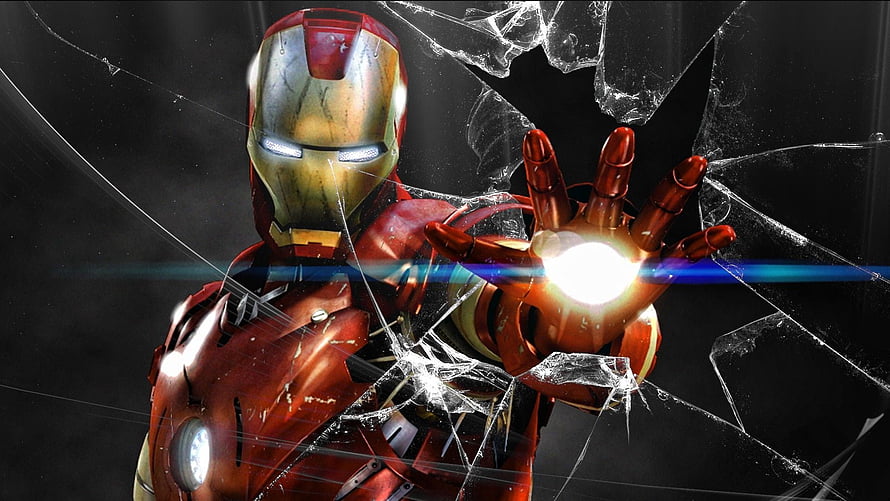 Iron Man Breaking Through Shattered Glass With Repulsor Blast HD wallpaper