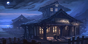 Cozy Riverside Tavern at Night in a Fantasy Village with Moonlit Sky HD wallpaper