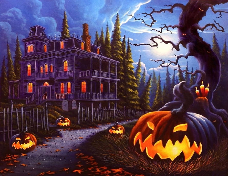 Spooky Halloween Scene with Haunted House, Jack-O-Lanterns, and Autumn Forest HD wallpaper