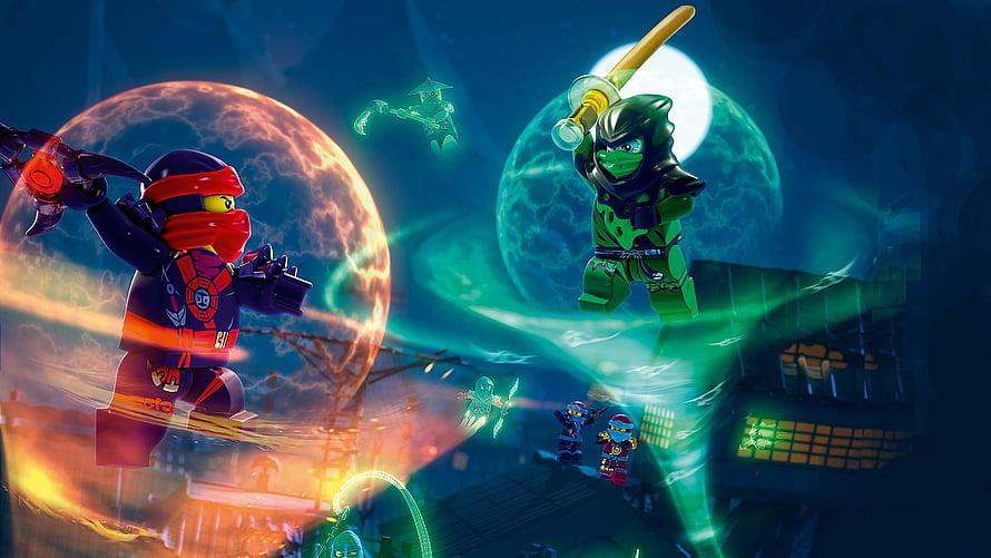 LEGO Ninjago Spinjitzu Masters in Dynamic Action Scene with Glowing Energy Orbs HD wallpaper