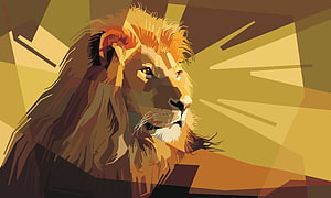 Geometric Low Poly Lion Portrait with Golden Sunburst Rays and Abstract Faceted Design HD wallpaper