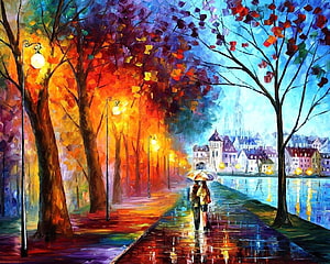 Romantic Autumn Stroll: Couple with Umbrella on a Rainy Riverside Promenade HD wallpaper