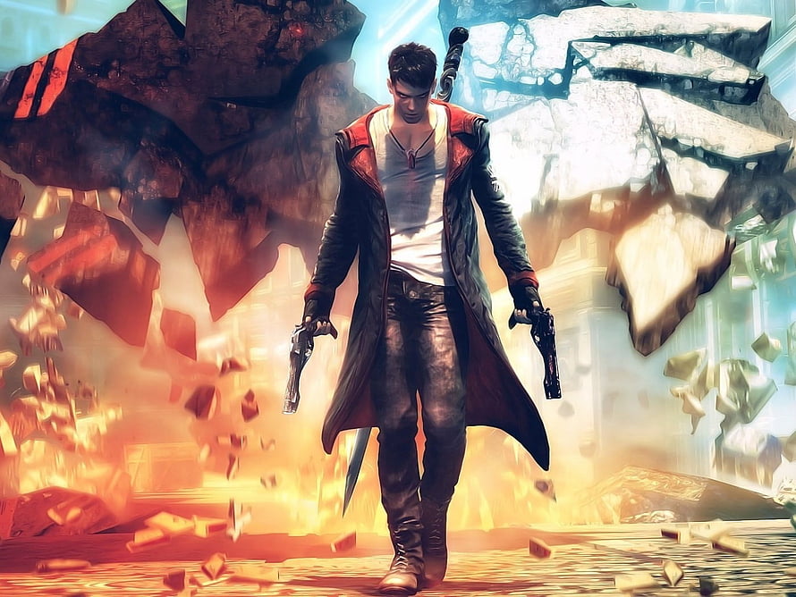 Devil May Cry Dante Dual Wielding Pistols Amidst Explosive Destruction HD wallpaper