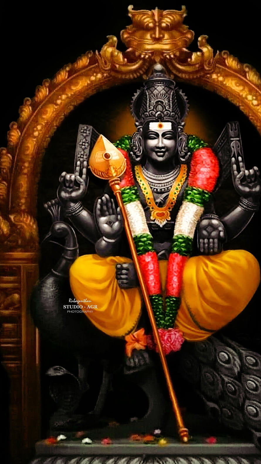 Murugan Swamy Kartikeya Temple Idol With Golden Spear And Ornate Arch HD phone wallpaper