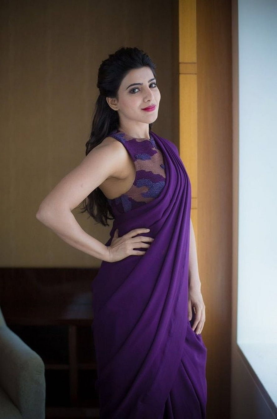 Samantha Ruth Prabhu in a purple draped gown with lace bodice HD phone wallpaper