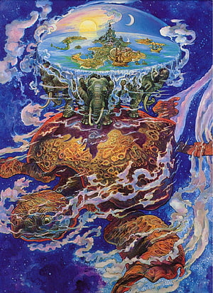 Terry Pratchett Discworld Fantasy Art with Giant Turtle and Elephants HD phone wallpaper