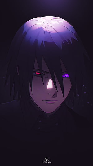 Sasuke Uchiha Anime Portrait With Glowing Sharingan And Rinnegan Eyes In Dark Purple Light HD phone wallpaper
