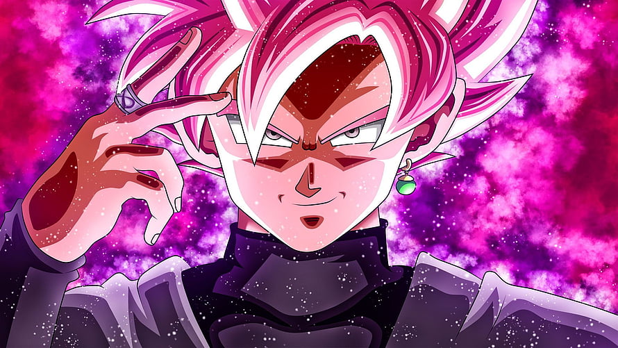Goku Black Rose Form Anime Character with Pink Hair and Purple Cosmic Background HD wallpaper