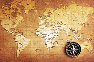 Vintage World Map with Compass on Aged Parchment Background HD wallpaper