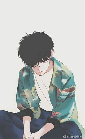 Anime Boy in Green Camouflage Shirt Sitting with Melancholic Expression HD phone wallpaper