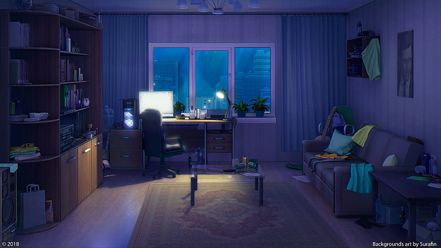 Cozy Anime Apartment Interior at Night with City View and Warm Desk Lighting HD wallpaper