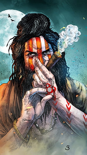 Mahakal Portrait With Face Paint And Cigar Under Full Moon HD phone wallpaper