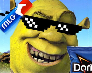 Shrek Wearing Pixelated MLG Sunglasses with Doritos Snack Bag HD wallpaper