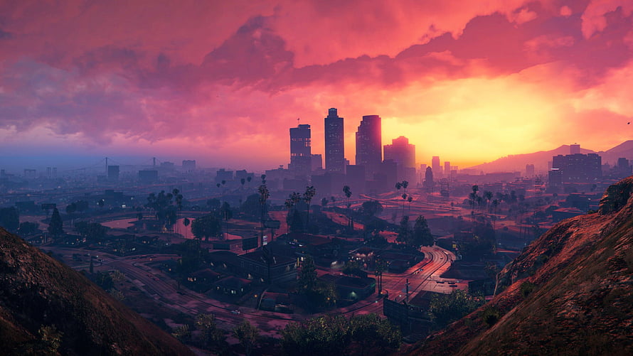 Grand Theft Auto V Los Santos Cityscape at Sunset with Dramatic Pink Sky HD wallpaper