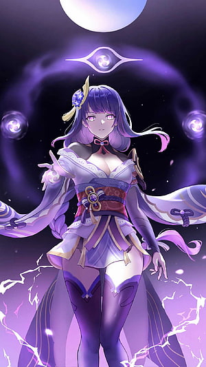 Raiden Shogun from Genshin Impact in a mystical purple and white outfit with glowing energy effects HD phone wallpaper