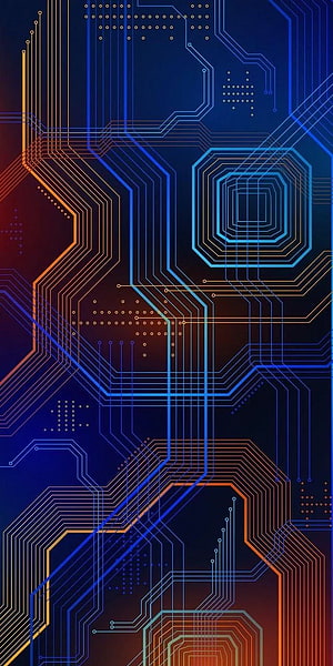 Abstract Circuit Board Pattern with Neon Blue and Orange Traces on Dark Background HD phone wallpaper