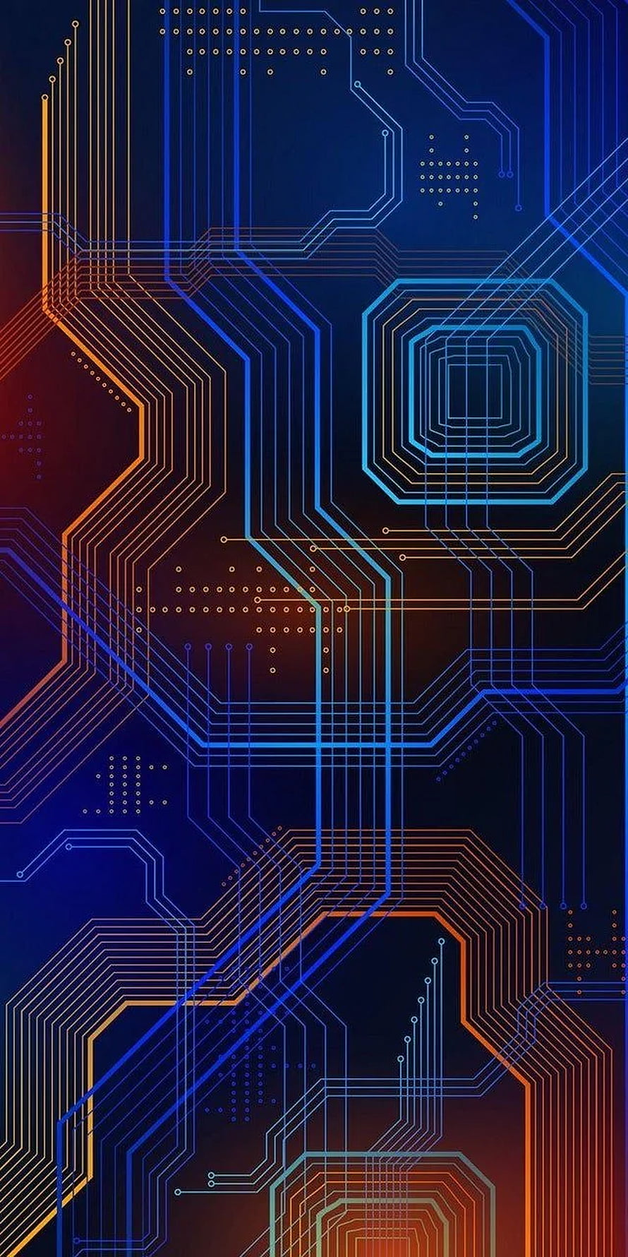 Abstract Circuit Board Pattern with Neon Blue and Orange Traces on Dark Background HD phone wallpaper