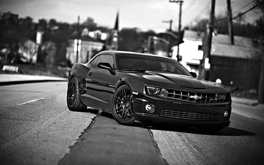 Black and White Chevrolet Camaro SS Parked on a Suburban Street HD wallpaper