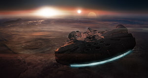 Star Wars Star Destroyer Cruising Above a Desert Planet at Sunset HD wallpaper