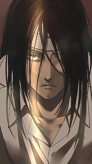 Eren Yeager Anime Portrait with Long Dark Hair and Intense Golden Eyes HD phone wallpaper