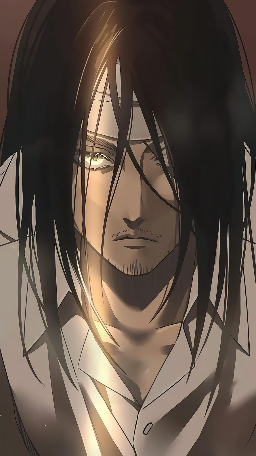 Eren Yeager Anime Portrait with Long Dark Hair and Intense Golden Eyes HD phone wallpaper
