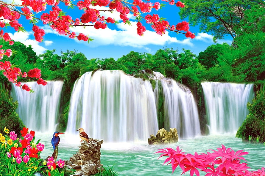 Vibrant Waterfall Landscape With Cherry Blossoms, Birds, And Colorful Flowers In A Lush Green Forest HD wallpaper