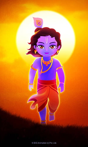 Cute Little Krishna Walking in a Glowing Sunset Field HD phone wallpaper