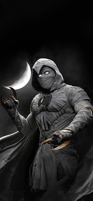 Moon Knight in Grey Hooded Suit Holding Crescent Blade Under a Full Moon HD phone wallpaper