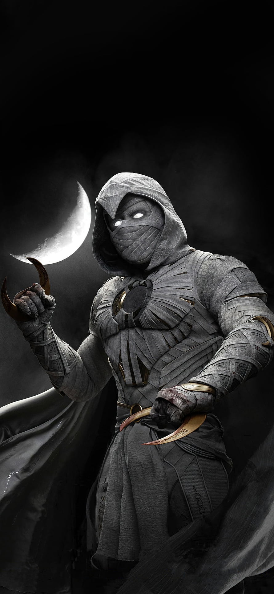 Moon Knight in Grey Hooded Suit Holding Crescent Blade Under a Full Moon HD phone wallpaper