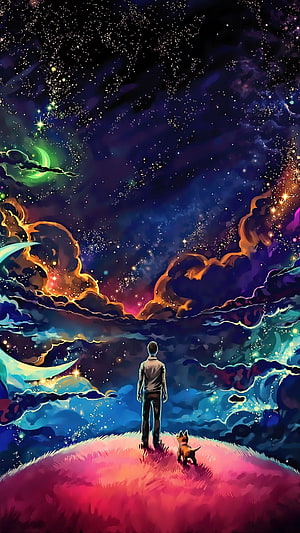Man and Dog Gazing at a Vibrant Cosmic Sky with Nebulae and Stars HD phone wallpaper