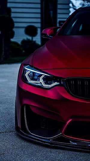 Matte Red BMW M4 F82 Front Fascia with Carbon Fiber Splitter and LED Headlights HD phone wallpaper