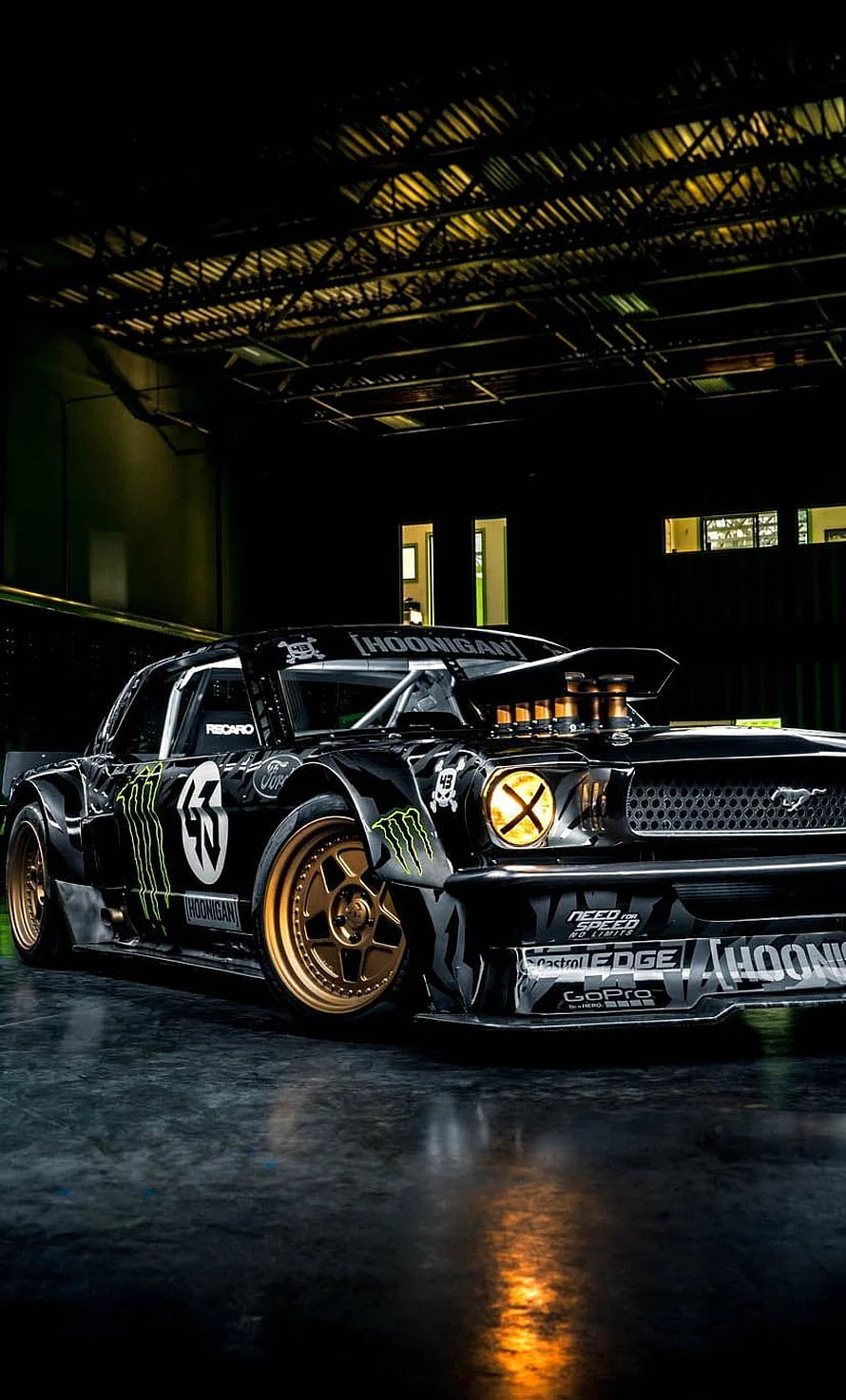 Hoonicorn Ford Mustang Drag Car with Gold Wheels in Dark Industrial Garage HD phone wallpaper