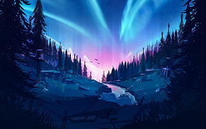 Stylized Digital Art of a Northern Forest Valley Under Vibrant Aurora Borealis HD wallpaper