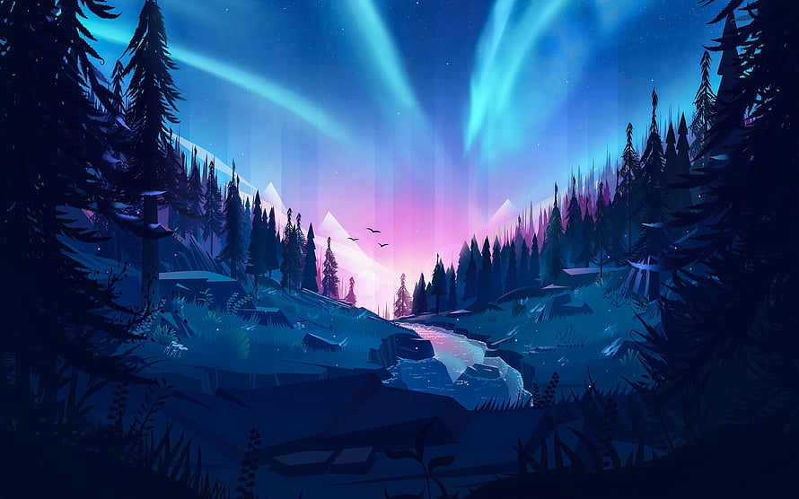 Stylized Digital Art of a Northern Forest Valley Under Vibrant Aurora Borealis HD wallpaper