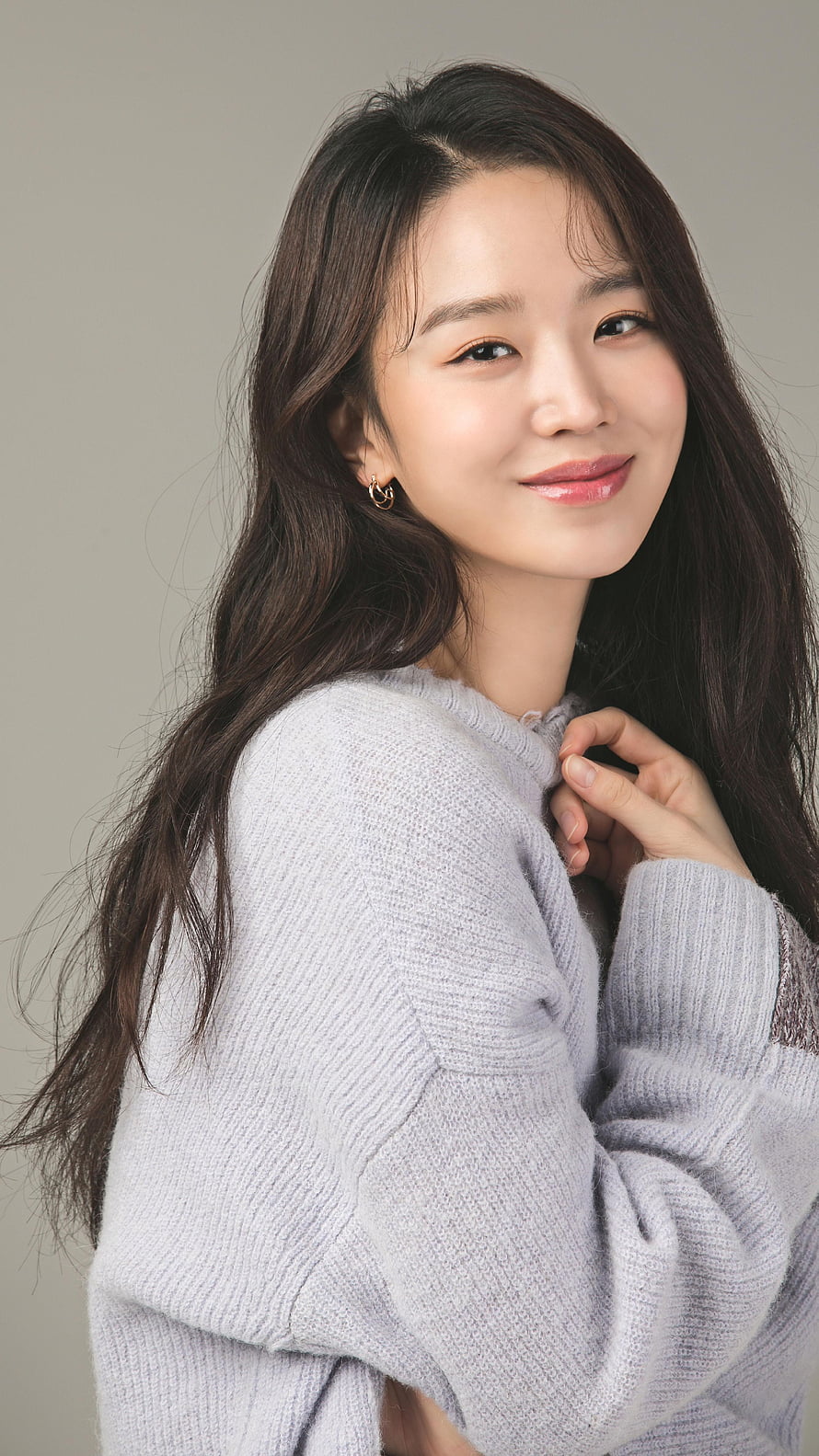 Shin Hye Sun Portrait in Soft Grey Knit Sweater with Long Dark Hair HD phone wallpaper